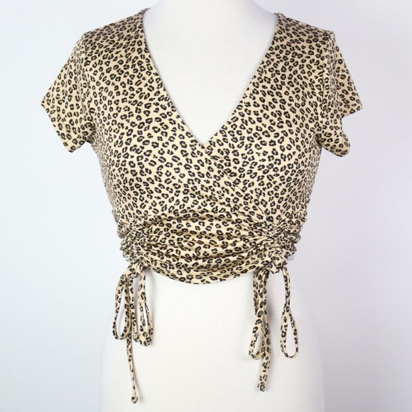 Derek Heart Womens Medium Leopard Wrap Front Cinched Crop Top - Picture 1 of 7